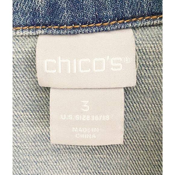 Chico's Womens Embroidered Floral Jean Jacket Shacket Stretch Welt/Chest Pockets - Picture 13 of 15